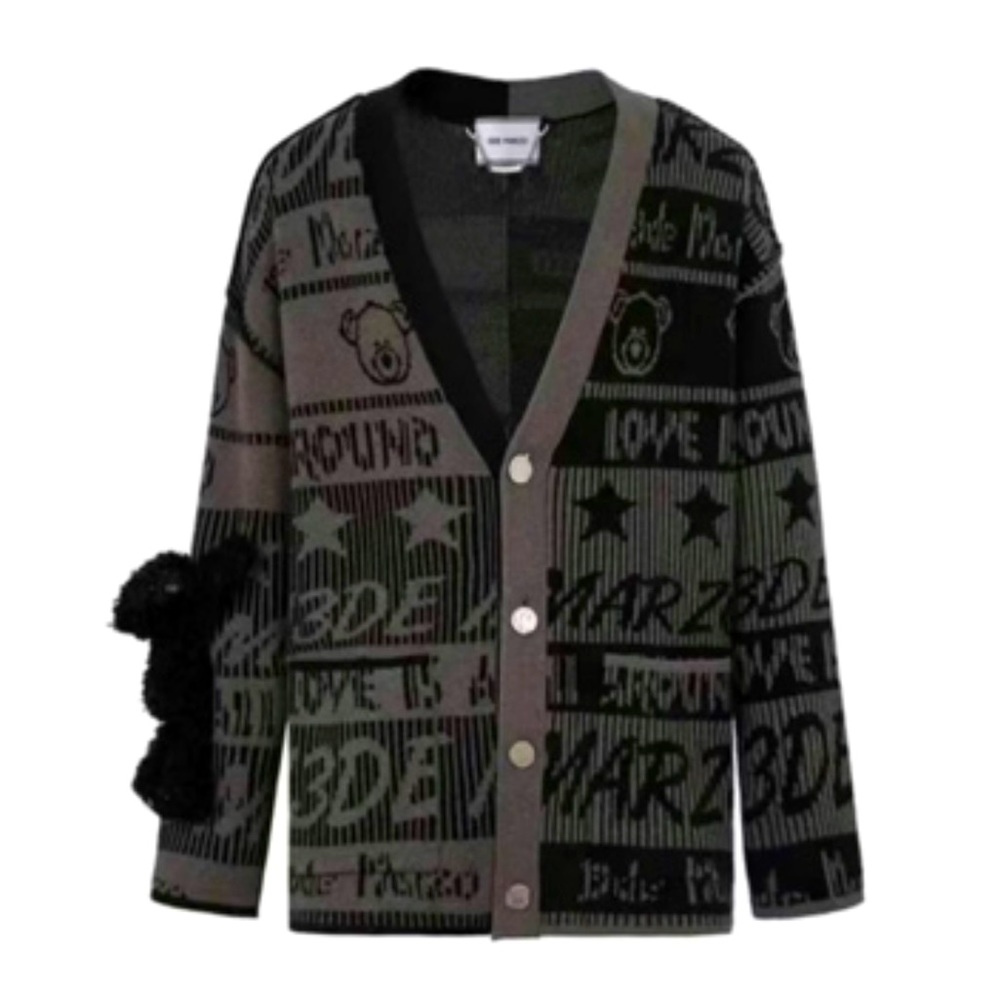 DeMarzo black and gray cardigan with bear plushie! oversized XL